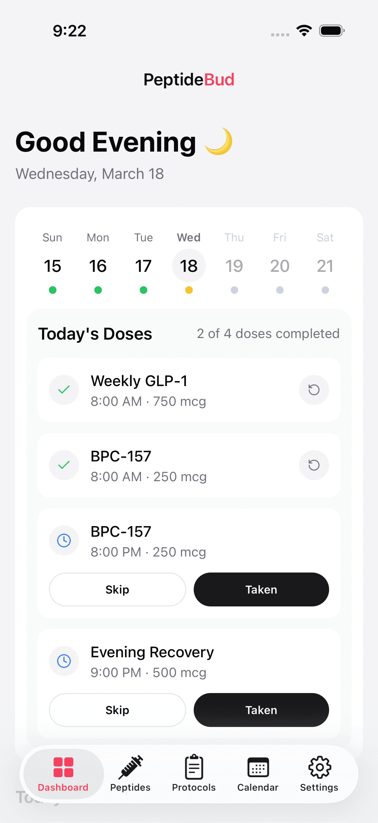 PeptideBud daily dashboard showing scheduled doses