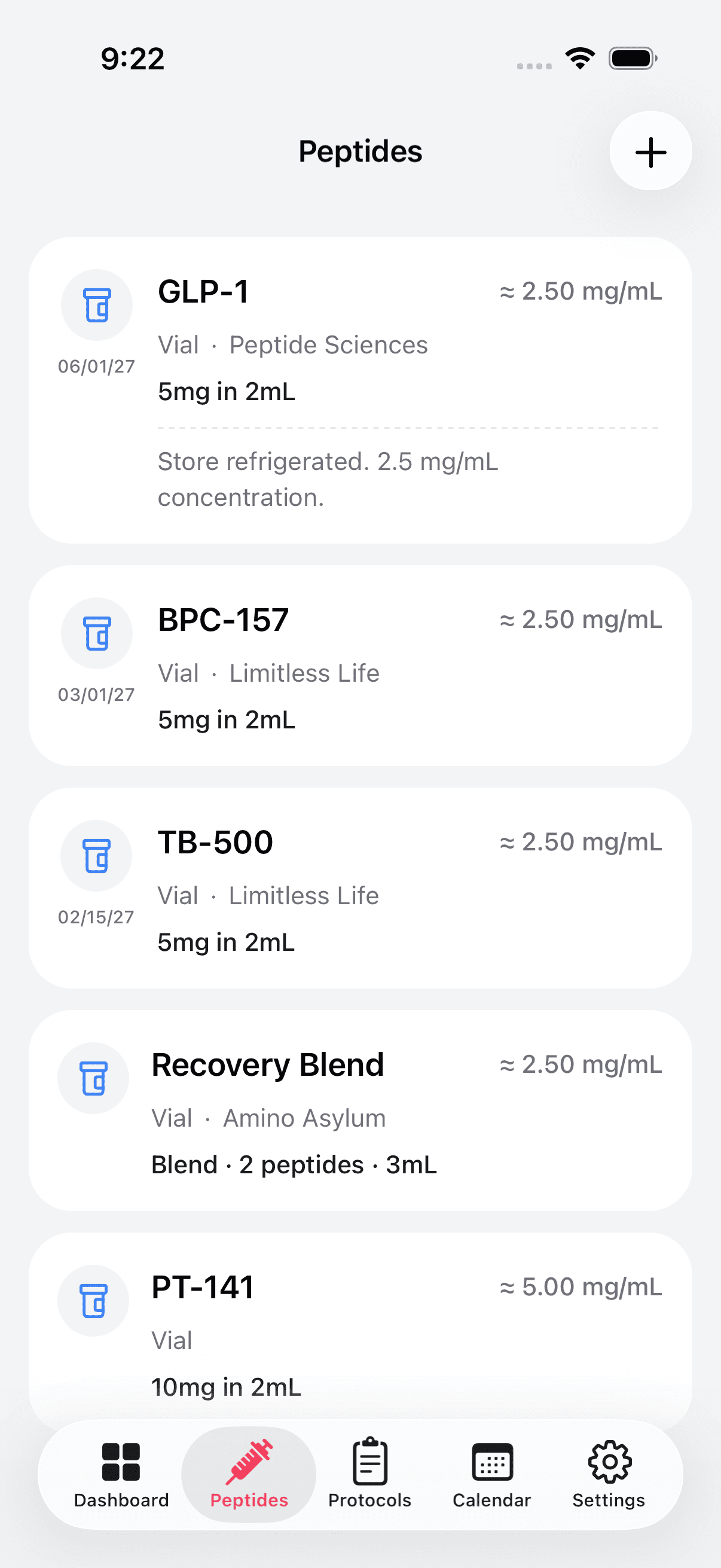 Peptide inventory with vials, pens, and blends